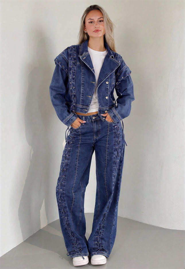 CAMPAGNEJEANS Blauwe Wide Leg Jeans met Veterdetails