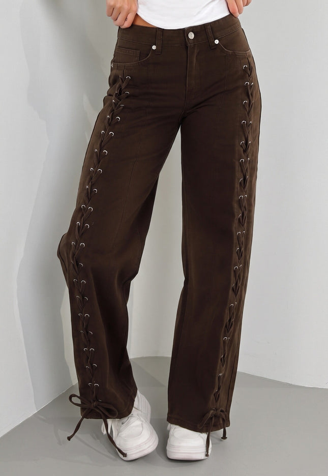 CAMPAGNEJEANS Bruine Wide Leg Jeans met Veterdetails
