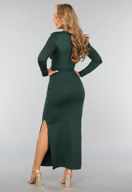 OP=OP.AV.12 Donkergroene Lange Jurk met Schoudervulling