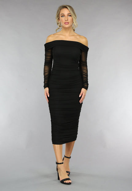 Gedrapeerde Zwarte Bodycon Mesh Jurk
