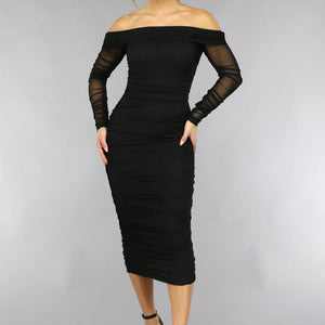 Gedrapeerde Zwarte Bodycon Mesh Jurk