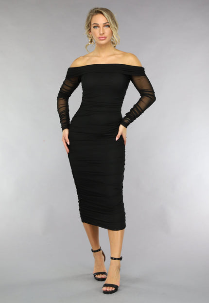 Gedrapeerde Zwarte Bodycon Mesh Jurk