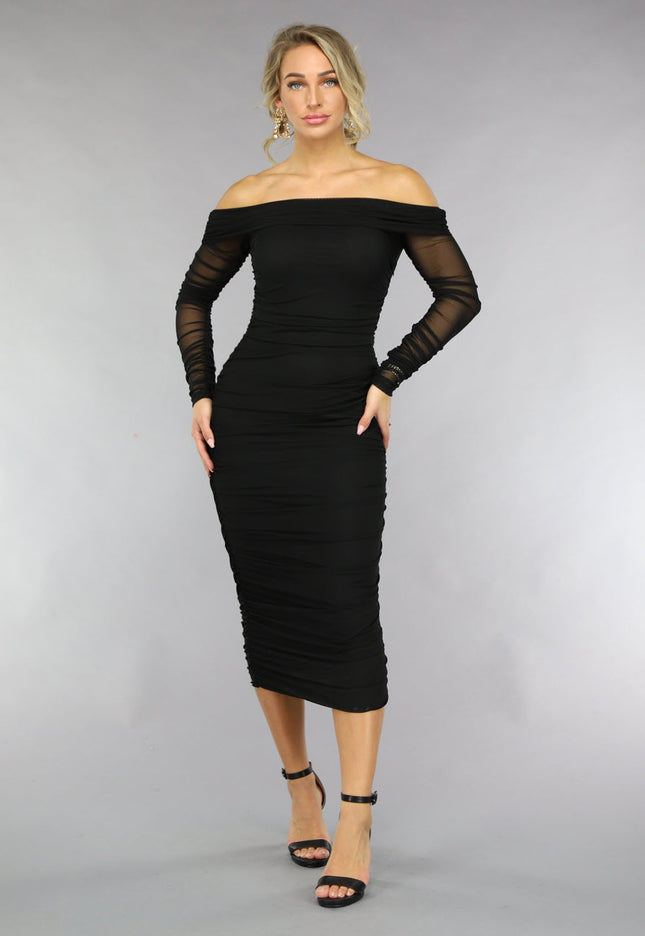 Gedrapeerde Zwarte Bodycon Mesh Jurk