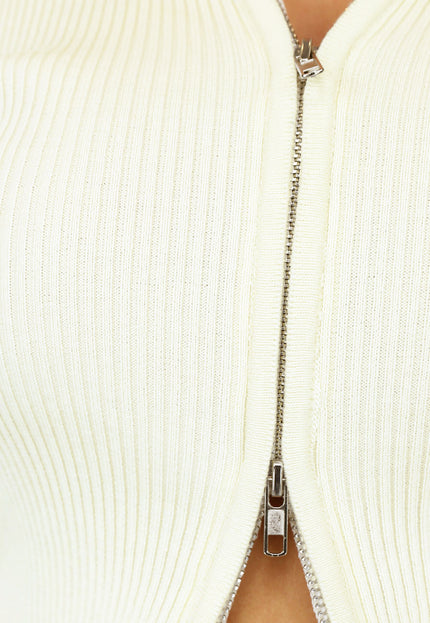 OP=OP.39.NL Beige Rib Top met Rits en Kraag