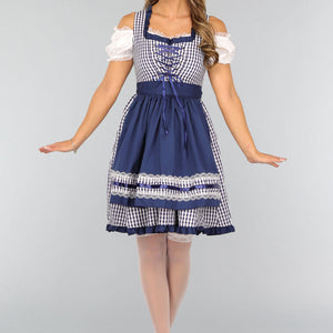 CARNA15 Blauw Geruit Off Shoulder Oktoberfest Jurkje