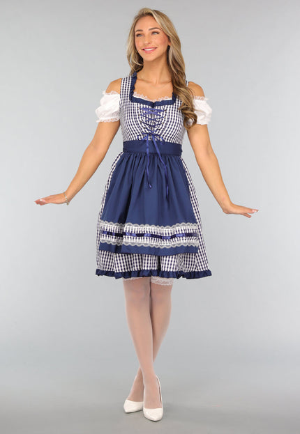 CARNA15 Blauw Geruit Off Shoulder Oktoberfest Jurkje