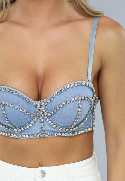 OP=OP.AV.09 Denim Bustier Top met Glitter Steentjes