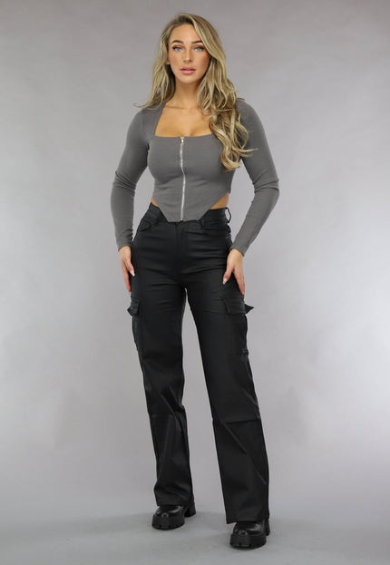 OP=OP.AV.09 Grijze Rib Top met Lange Mouwen