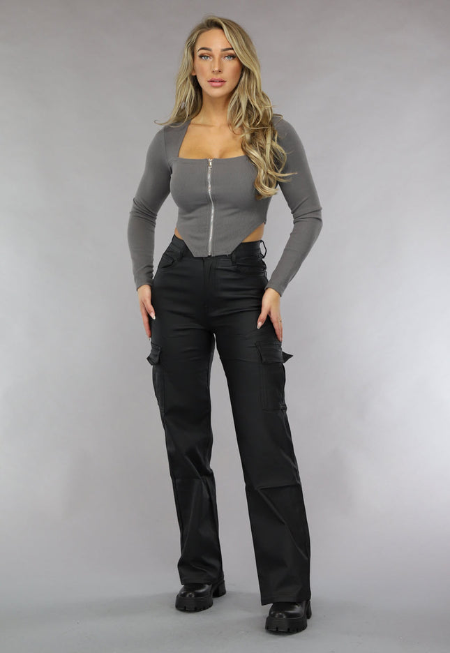 OP=OP.AV.09 Grijze Rib Top met Lange Mouwen