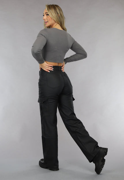 OP=OP.AV.09 Grijze Rib Top met Lange Mouwen