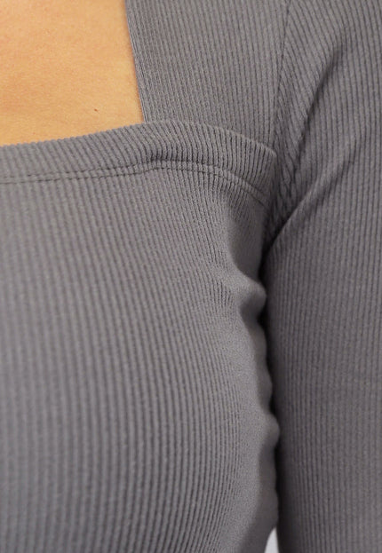 OP=OP.AV.09 Grijze Rib Top met Lange Mouwen