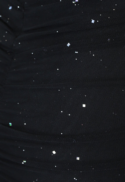 OP=OP.AV.12 Geplooide Zwarte Jurk met Zilveren Glitters