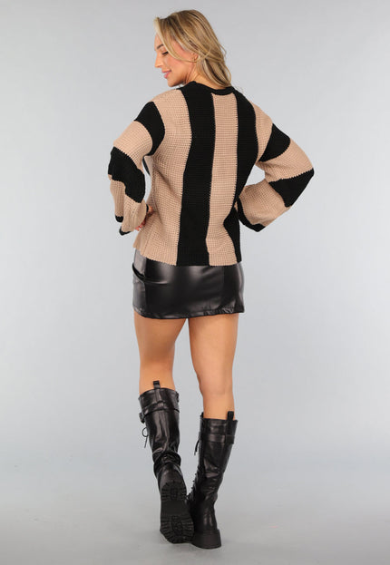 OP=OP! Gestreepte Trui met Wijde Mouwen in Taupe