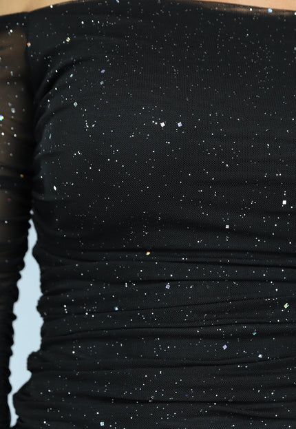 Glitter Off Shoulder Mesh Jurk