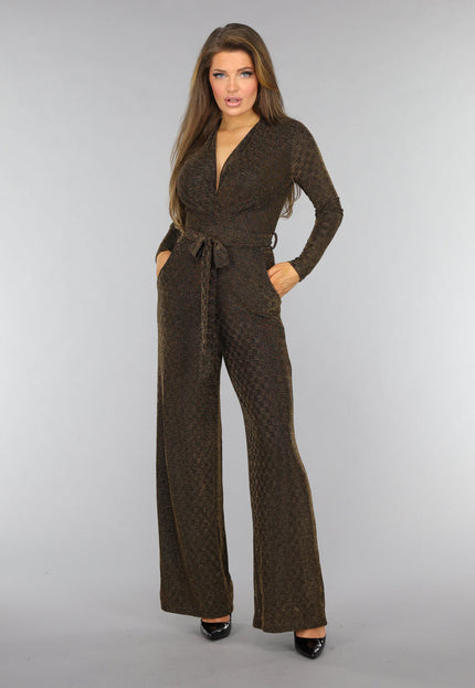 Gouden Longsleeve Glitter Jumpsuit met Ceintuur