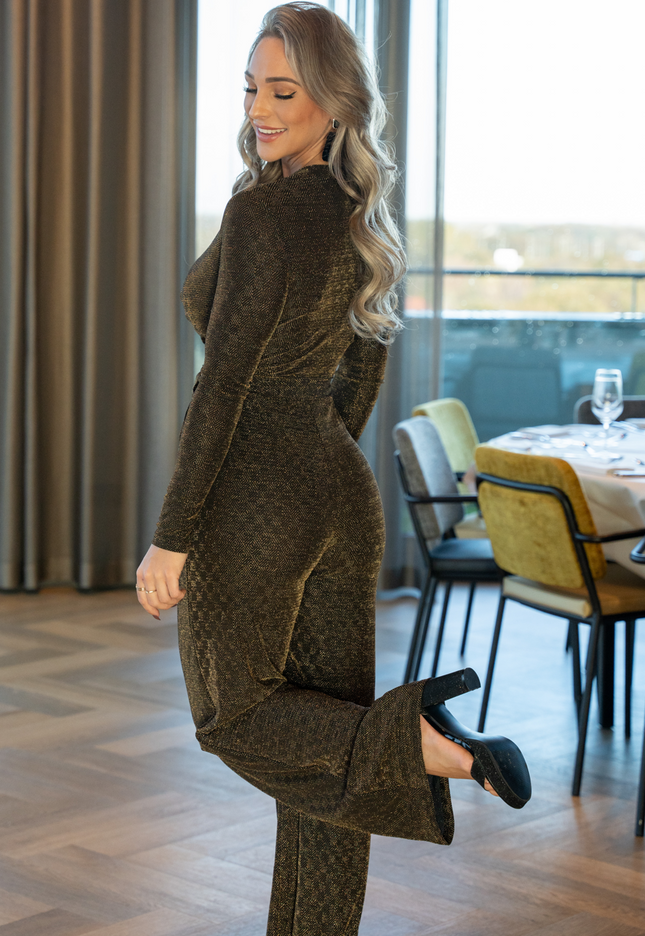 Gouden Longsleeve Glitter Jumpsuit met Ceintuur