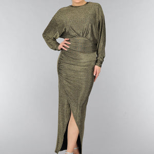 OP=OP.42.S Gouden Maxi Jurk met Strass Steentjes