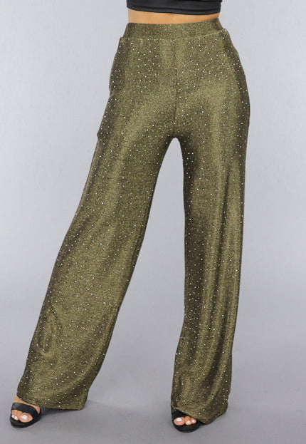 OP=OP.AV.12 Gouden Wide Leg Pantalon met Glitter Steentjes