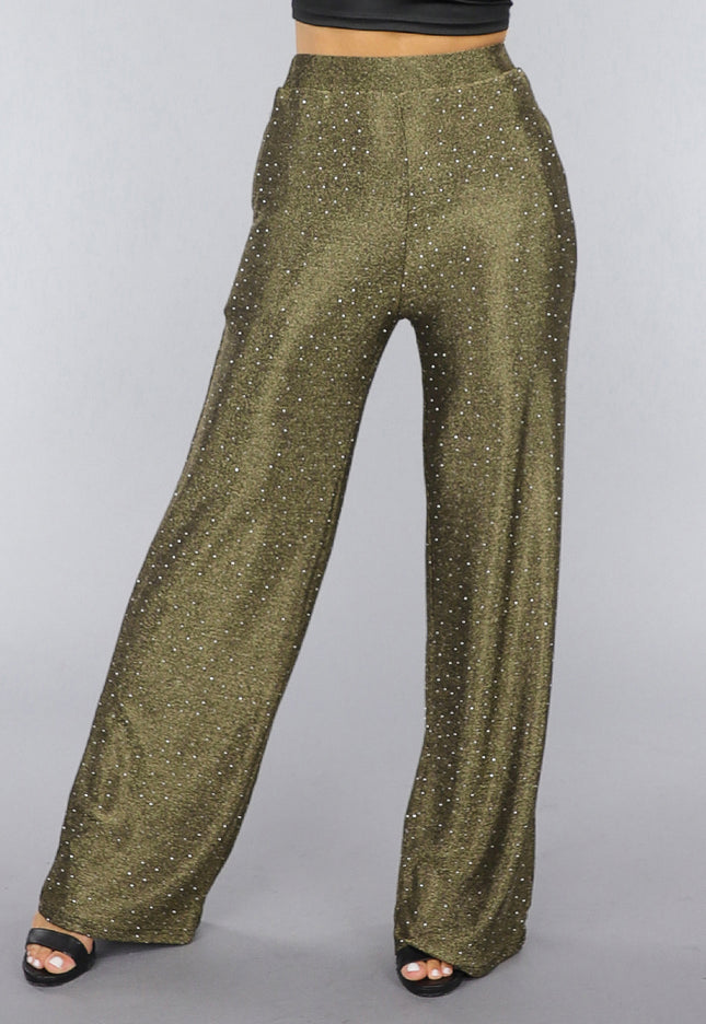 OP=OP.AV.12 Gouden Wide Leg Pantalon met Glitter Steentjes
