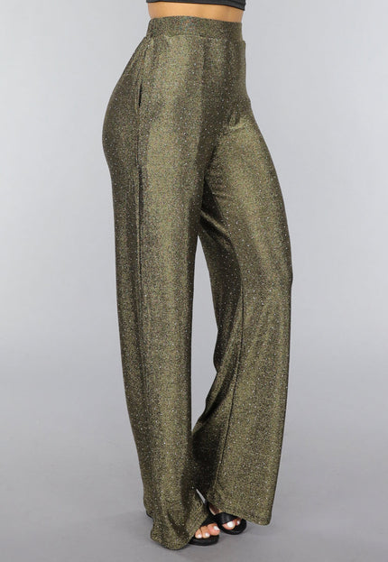 OP=OP.AV.12 Gouden Wide Leg Pantalon met Glitter Steentjes