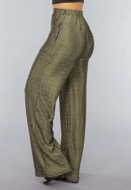OP=OP.AV.12 Gouden Wide Leg Pantalon met Glitter Steentjes