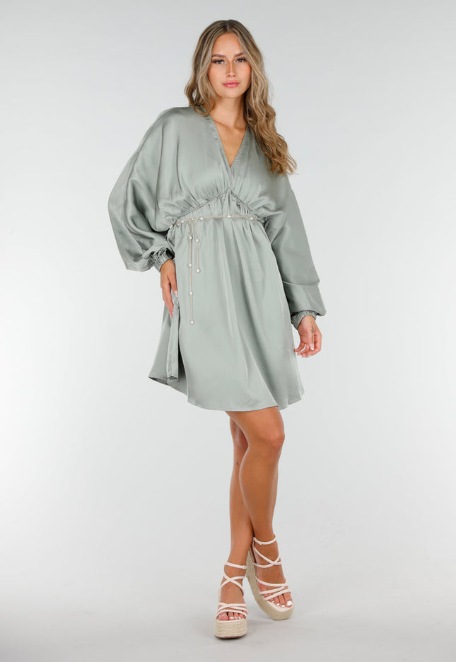 OP=OP.AV.12 Groene Satijnen Pofmouw Jurk