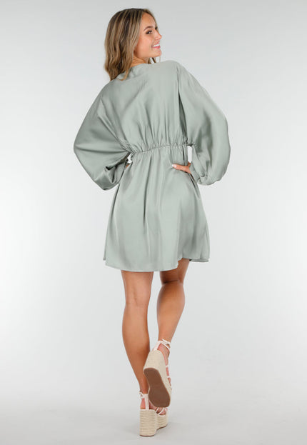 OP=OP.AV.12 Groene Satijnen Pofmouw Jurk