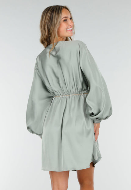 OP=OP.AV.12 Groene Satijnen Pofmouw Jurk