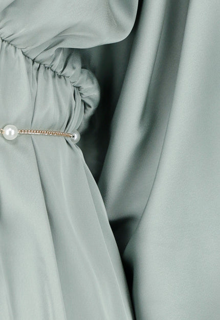 OP=OP.AV.12 Groene Satijnen Pofmouw Jurk