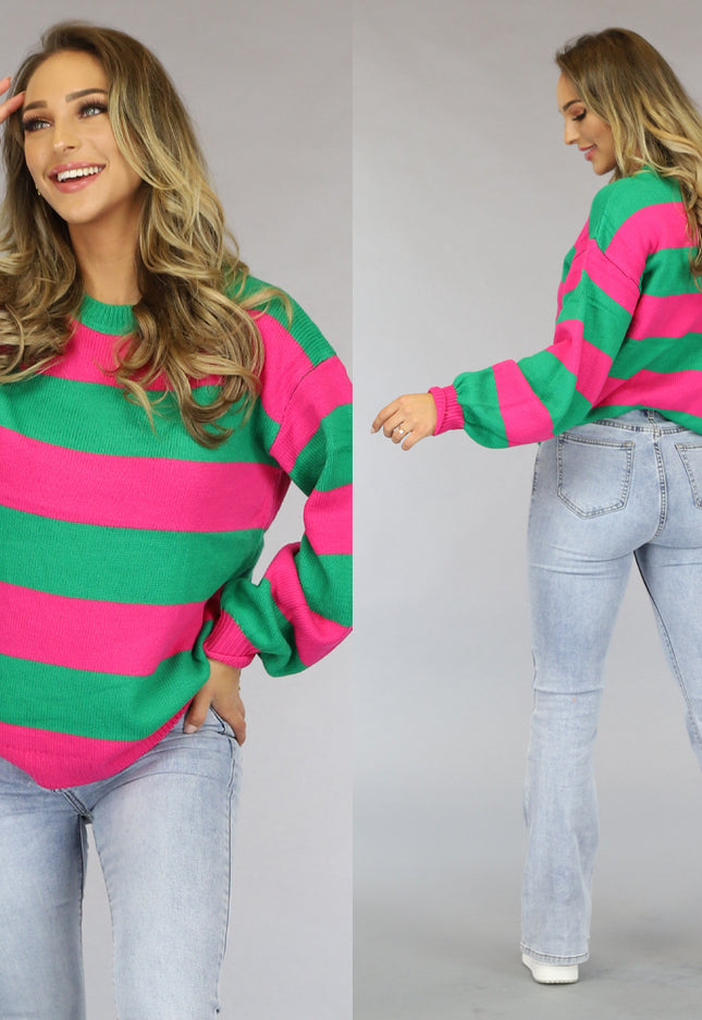 OP=OP.08.S Groen/Roze Gestreepte Trui