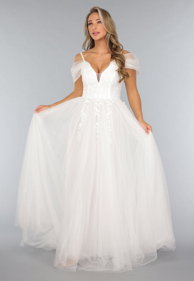 OP=OP.03.NL Kanten Bruidsjurk met Tule Rok in Wit