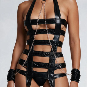 Kinky Wetlook Lingerie Set met Jarretels Zwart