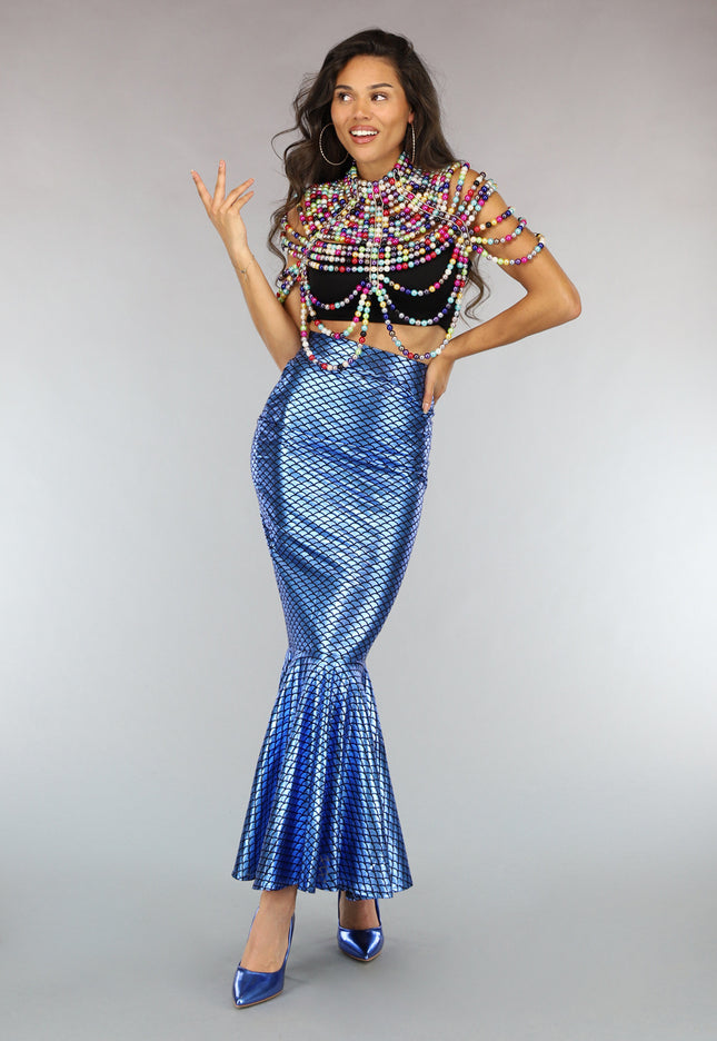 KOSTUUM Metallic Blauwe Zeemeermin Schubben Rok