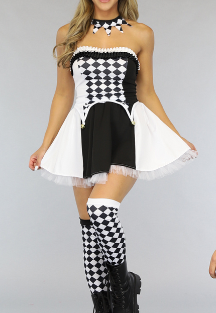 CARNA35 Zwart/Wit Pierrot Kostuum met Kousen