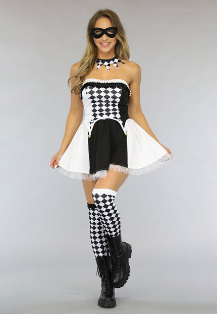 CARNA35 Zwart/Wit Pierrot Kostuum met Kousen