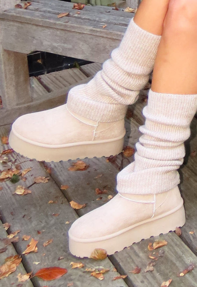 Lage Beige Suèdelook Winterlaarsjes met Bont