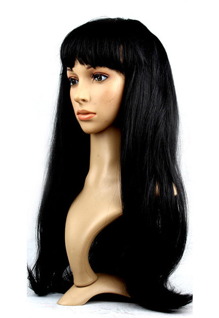 Lange Party Pruik met Pony Zwart