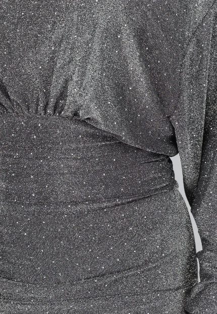 OP=OP.42.S Lange Zilveren Jurk met Vleermuismouwen en Glitter Steentjes