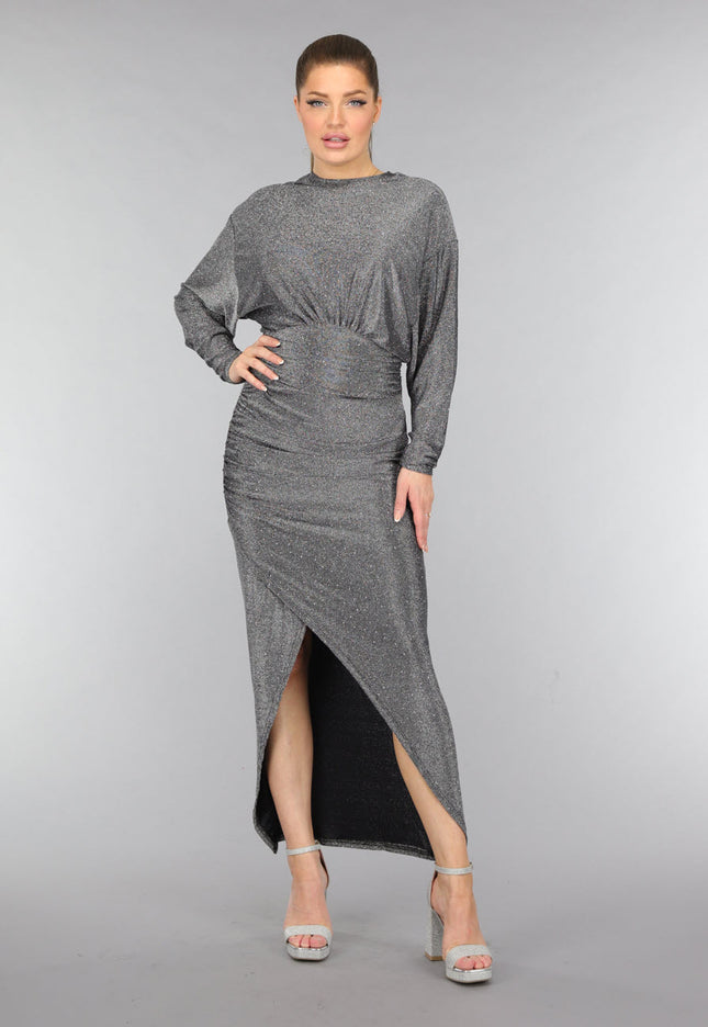 OP=OP.42.S Lange Zilveren Jurk met Vleermuismouwen en Glitter Steentjes