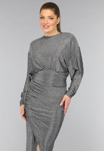 OP=OP.42.S Lange Zilveren Jurk met Vleermuismouwen en Glitter Steentjes