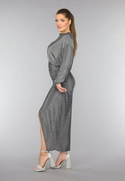 OP=OP.42.S Lange Zilveren Jurk met Vleermuismouwen en Glitter Steentjes