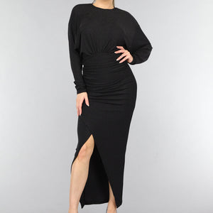 OP=OP.42.S Lange Zwarte Geplooide Glitter Jurk met Strass