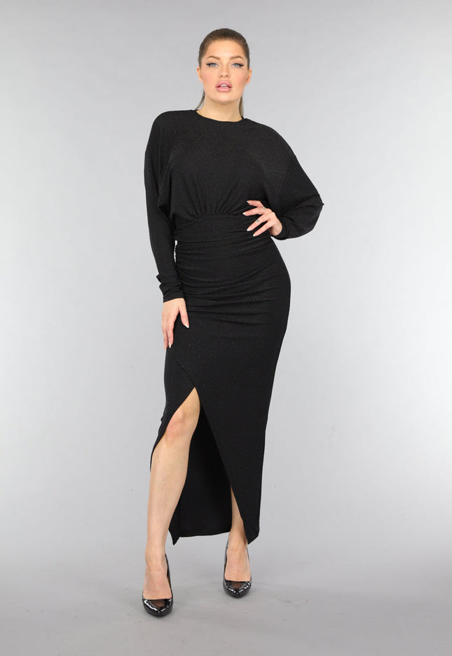 OP=OP.42.S Lange Zwarte Geplooide Glitter Jurk met Strass