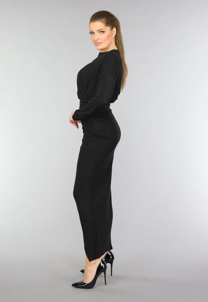 OP=OP.42.S Lange Zwarte Geplooide Glitter Jurk met Strass