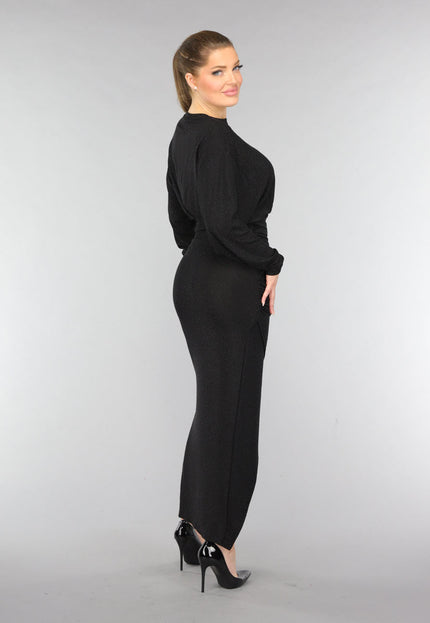 OP=OP.42.S Lange Zwarte Geplooide Glitter Jurk met Strass