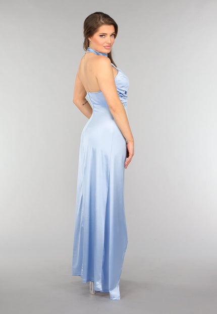 Lichtblauwe Geplooide Satin Jurk met Split