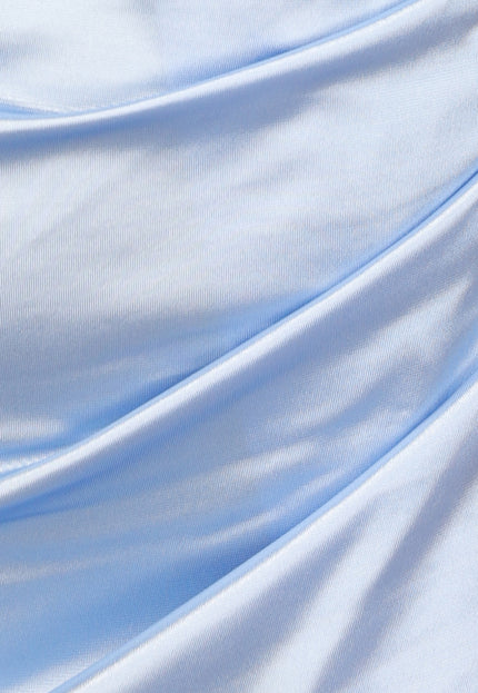 Lichtblauwe Geplooide Satin Jurk met Split