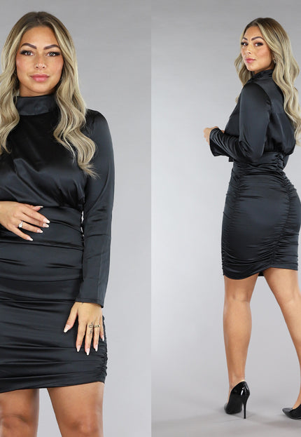 OP=OP.04.NL Longsleeve Geplooid Satin Jurkje Zwart