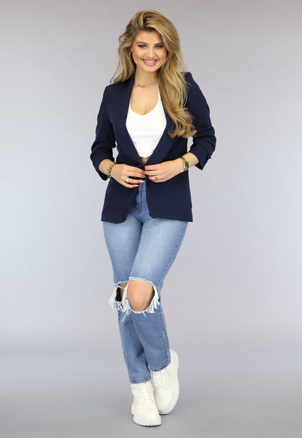 Marine Blauwe Blazer met Geplooide Driekwart Mouwen