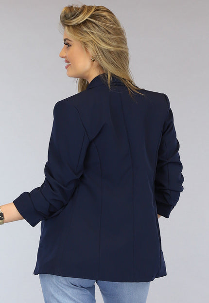 Marine Blauwe Blazer met Geplooide Driekwart Mouwen